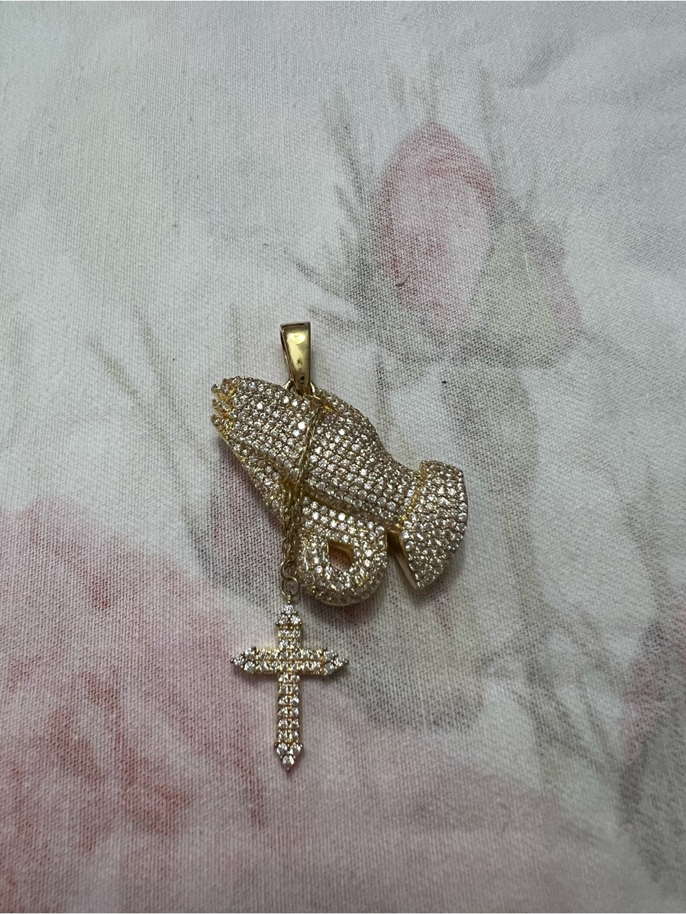GLD Iced Praying Hands with Cross Pendant in Gold Tone